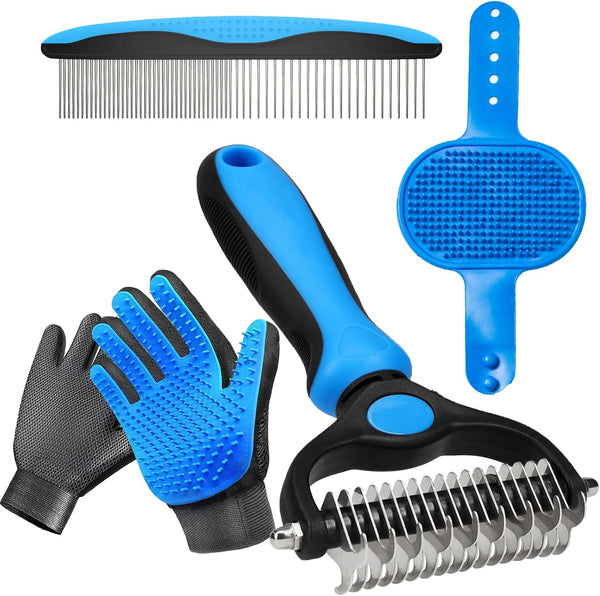 Pet Hair Removal Gloves for Dogs and Cats - 2-in-1 Deshedding Brush Massage Mitt for Shedding Control and Safe Pet Grooming 2-Pack (Blue)