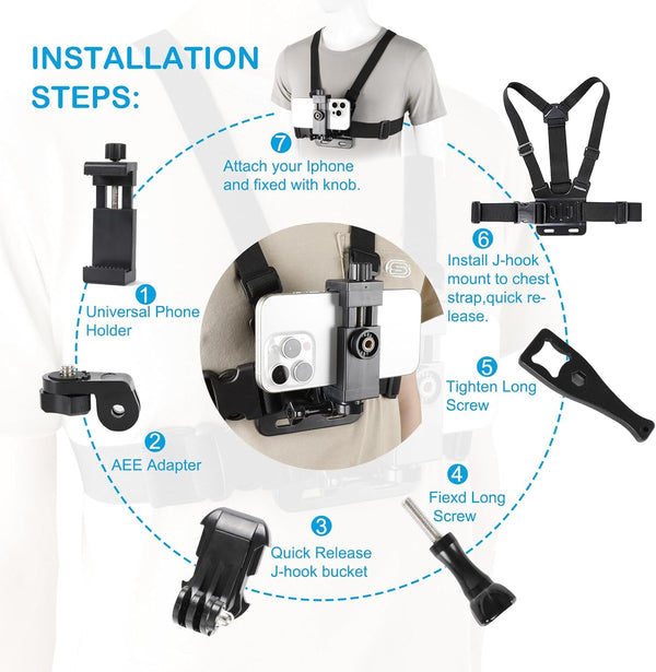 PellKing Mobile Phone Chest Strap Harness Mount Head Strap Holder Kit for POV/VLOG,Cell Phone Clip Compatible with iPhone,Samsung,GoPro Hero 9, 8,7, 6, 5, 4, 3,2, 1,AKASO,DJI Osmo,and Action Cameras…