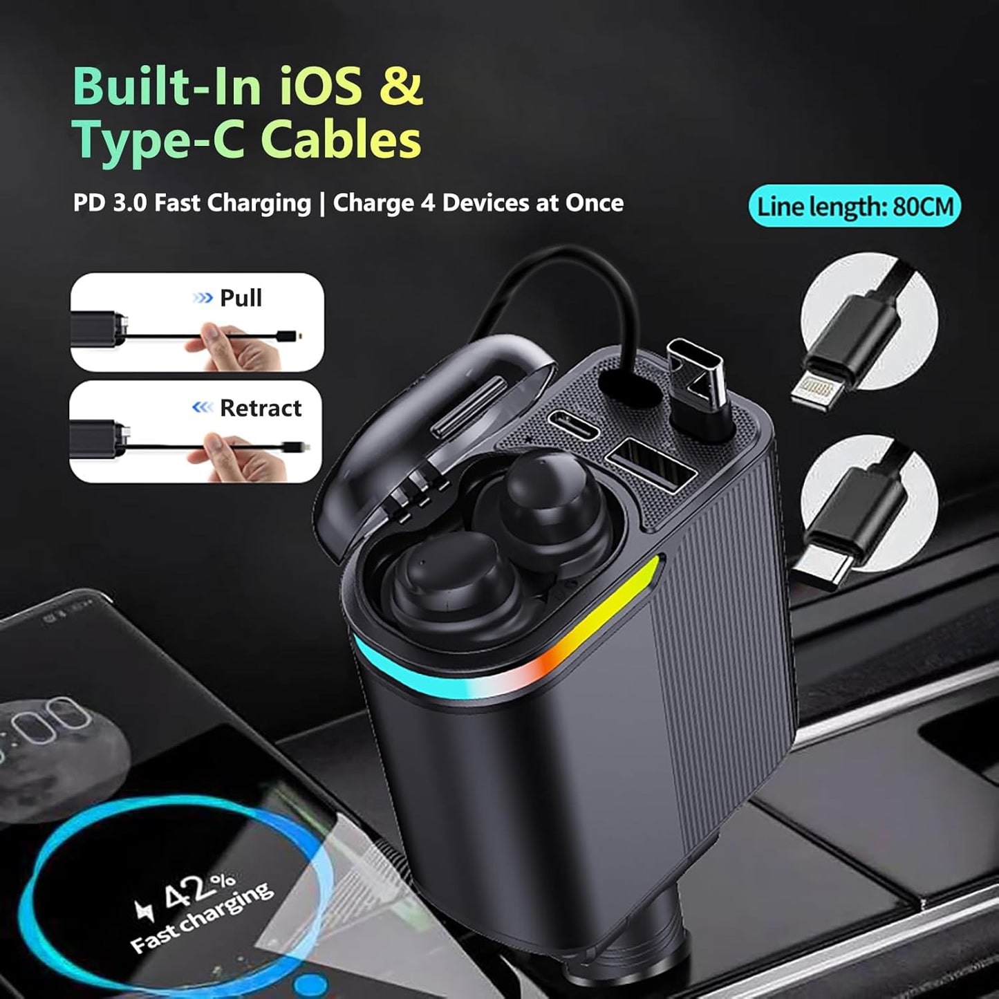 MLVOC 120W Fast Charging Car Charger with Earbuds, Retractable 4-in-1 USB-C & Lightning for iPhone & Android (Black) - Rayz Mart