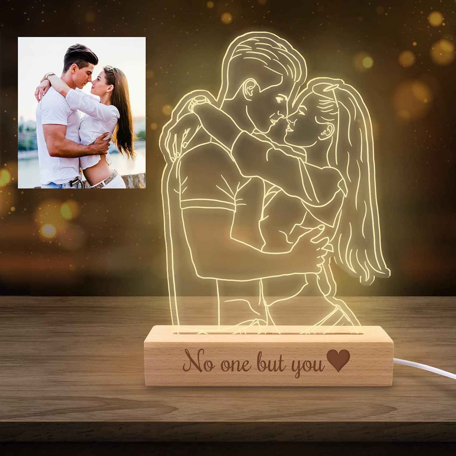 Personalized Night Light Custom 3D Photo Lamp with Picture Text Engraved, Customized Valentines Birthday Anniversary Lights Gift for Wife Husband Girlfriend Her Him