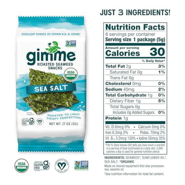 Gimme Seaweed Organic Premium Roasted Seaweed Snacks, Sea Salt, 6 Count
