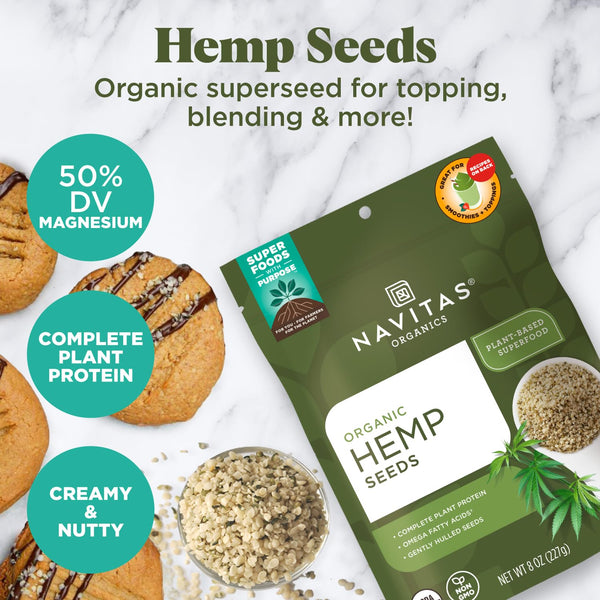 Navitas Organics Hemp Seeds – For Smoothies, Salads, Dips, Baked Goods & More – Essential Fatty Acids, Protein & Minerals – USDA Organic, Non GMO, Gluten Free, Kosher, Vegan (8oz. Bag 8 Servings)