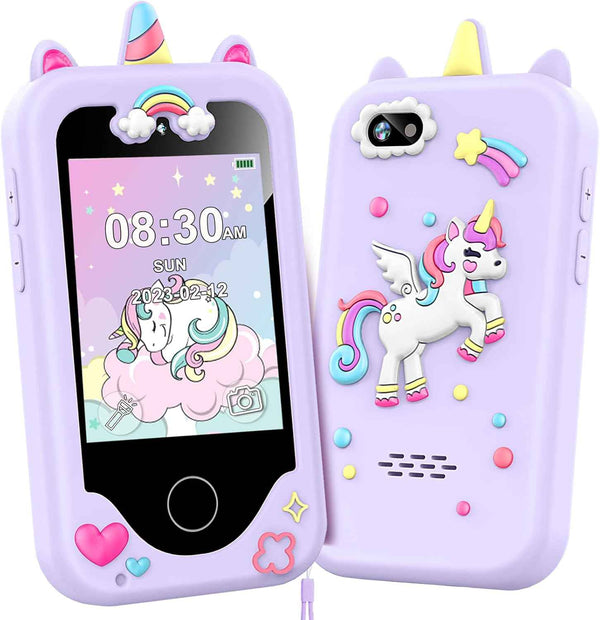 Purple 2.8" touchscreen kids phone for 3-10 year old girls, dual camera, music player, and learning games