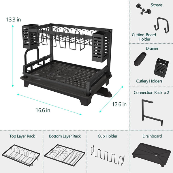 Large capacity 2-tier dish drying rack with stainless steel construction