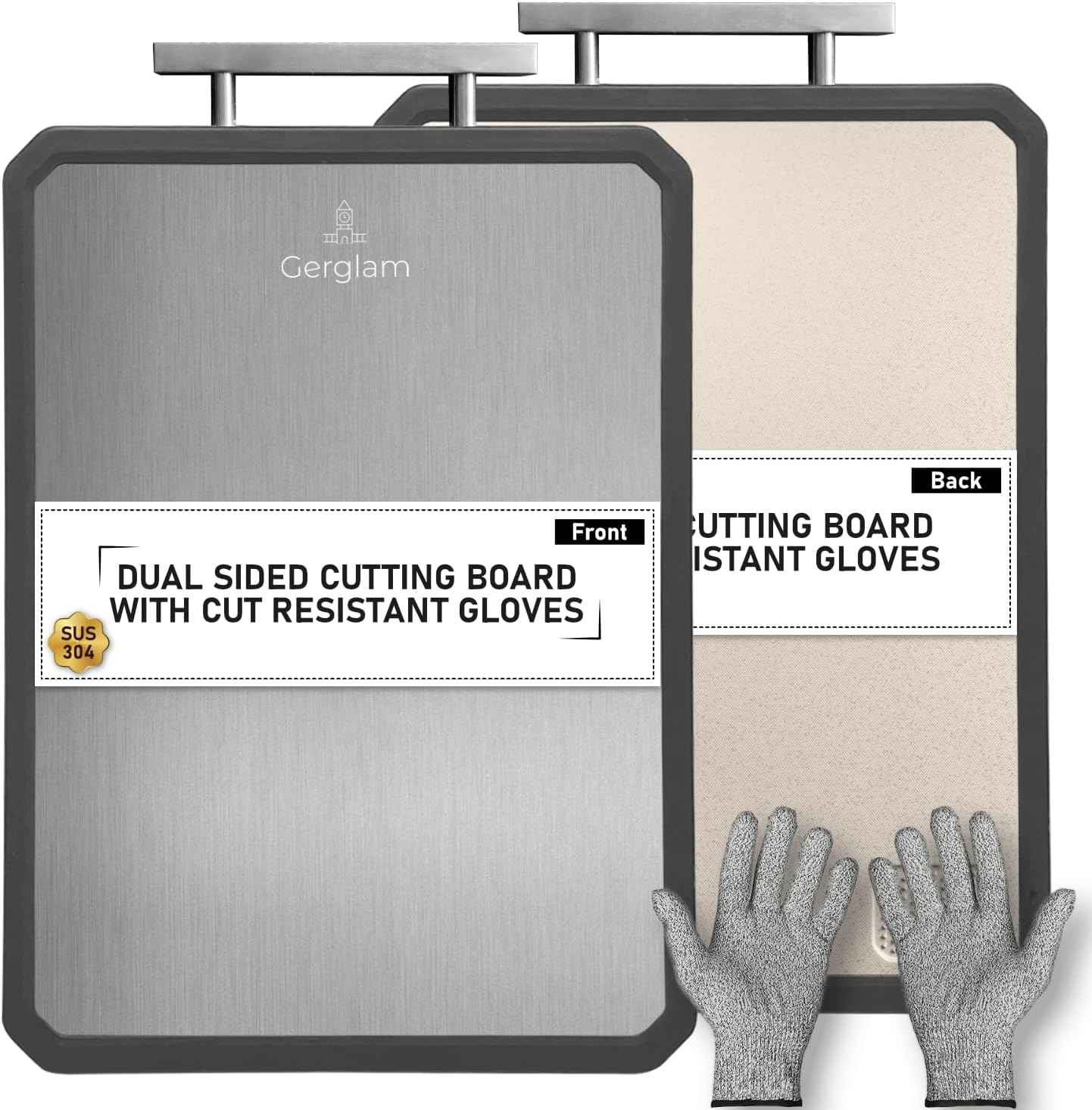 Stainless Steel Cutting Board, Double-Sided Wheat Straw and Steel Cutting Board with Cut-Resistant Gloves, Food Grade 16x11" Chopping Board, Dishwasher Safe Easy to Clean