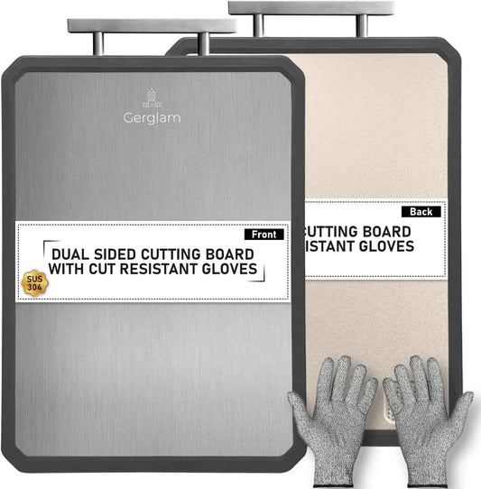 Stainless Steel Cutting Board, Double-Sided Wheat Straw and Steel Cutting Board with Cut-Resistant Gloves, Food Grade 16x11" Chopping Board, Dishwasher Safe Easy to Clean