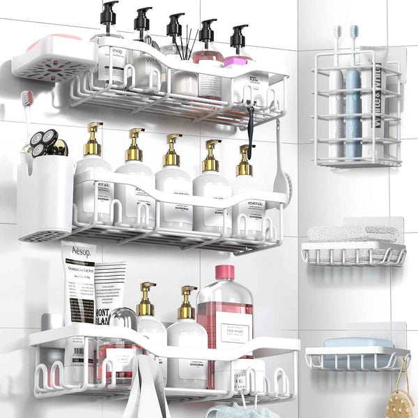 Shower Caddy Adhesive Shower Organizer 7-Pack, Rustproof Stainless Steel Bathroom Shelves, Large Capacity No-Drill Rack Storage Accessories with Soap Dish Toothbrush Holder &24 Hooks Home Decor