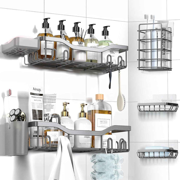 Shower Caddy Adhesive Shower Organizer 7-Pack, Rustproof Stainless Steel Bathroom Shelves, Large Capacity No-Drill Rack Storage Accessories with Soap Dish Toothbrush Holder &24 Hooks Home Decor