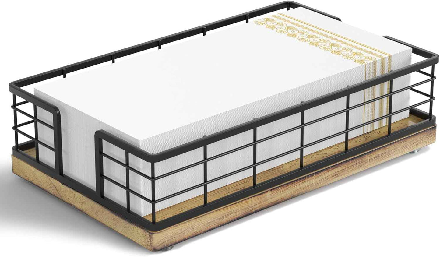 Wican Napkin Holder for Table, Bamboo Iron Standing Napkin Dispenser for Kitchen Dining Farmhouse Cocktail Picnic Bar Rustic Wood Holders for Paper Mail Bills Suitable for All Dining Room Decors Black