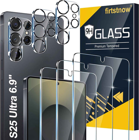 3 Pack Glass Screen Protector for Samsung Galaxy S25 Ultra [6.9 inch] + 3 Pack Camera Lens Protector, 9H Tempered Glass, Fingerprint Unlock, HD Clear Case Friendly Anti-Scratch