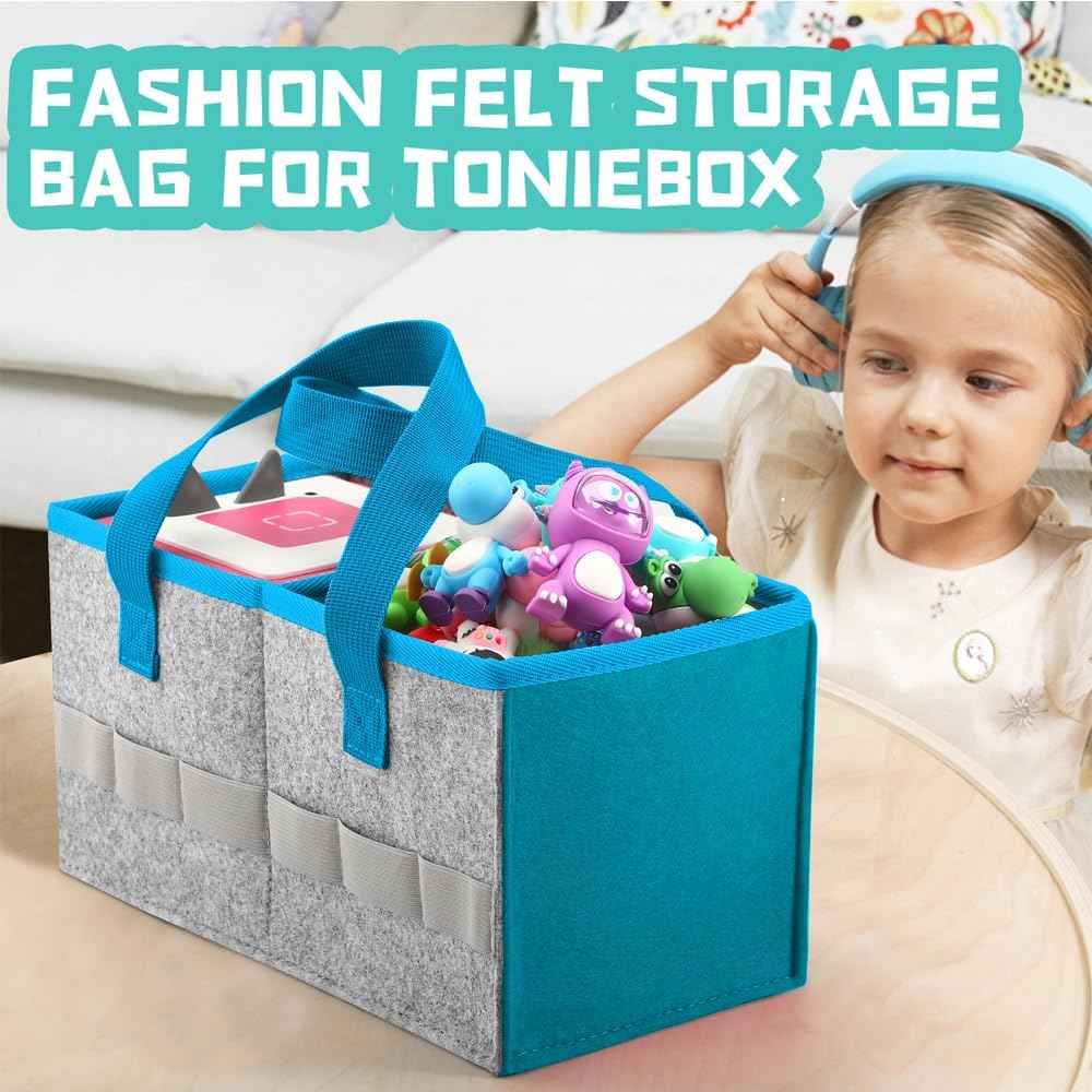 Carrying Case for Toniebox Starter Set and Tonies Figurines, Travel Felt Cloth Musical Toy Folding Bag for Toniebox 2 & Accessories (Blue)