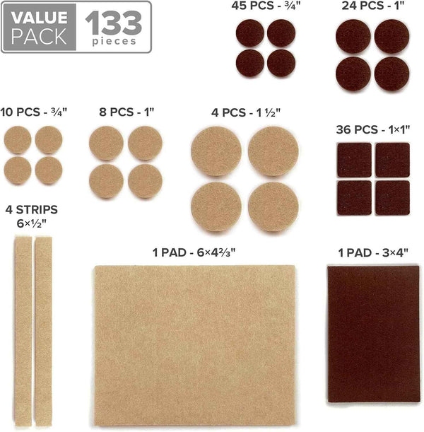 Felt Furniture Pads X-PROTECTOR 133 PCS, Premium Felt Pads for Wood Floor Protection, Brown and Beige, Protective Furniture Feet