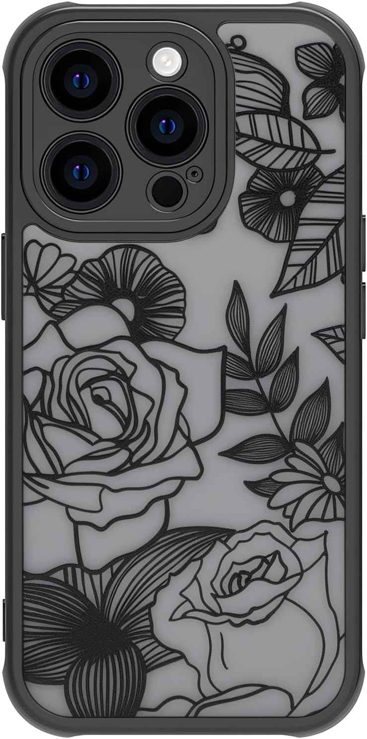 Girly Flower Case Compatible with iPhone 17 Pro Max, Cute Rose Aesthetic Black Line Art Floral Pattern Print, Anti Fingerprint PC Heavy Duty Protection Cases Cover for Girls Women