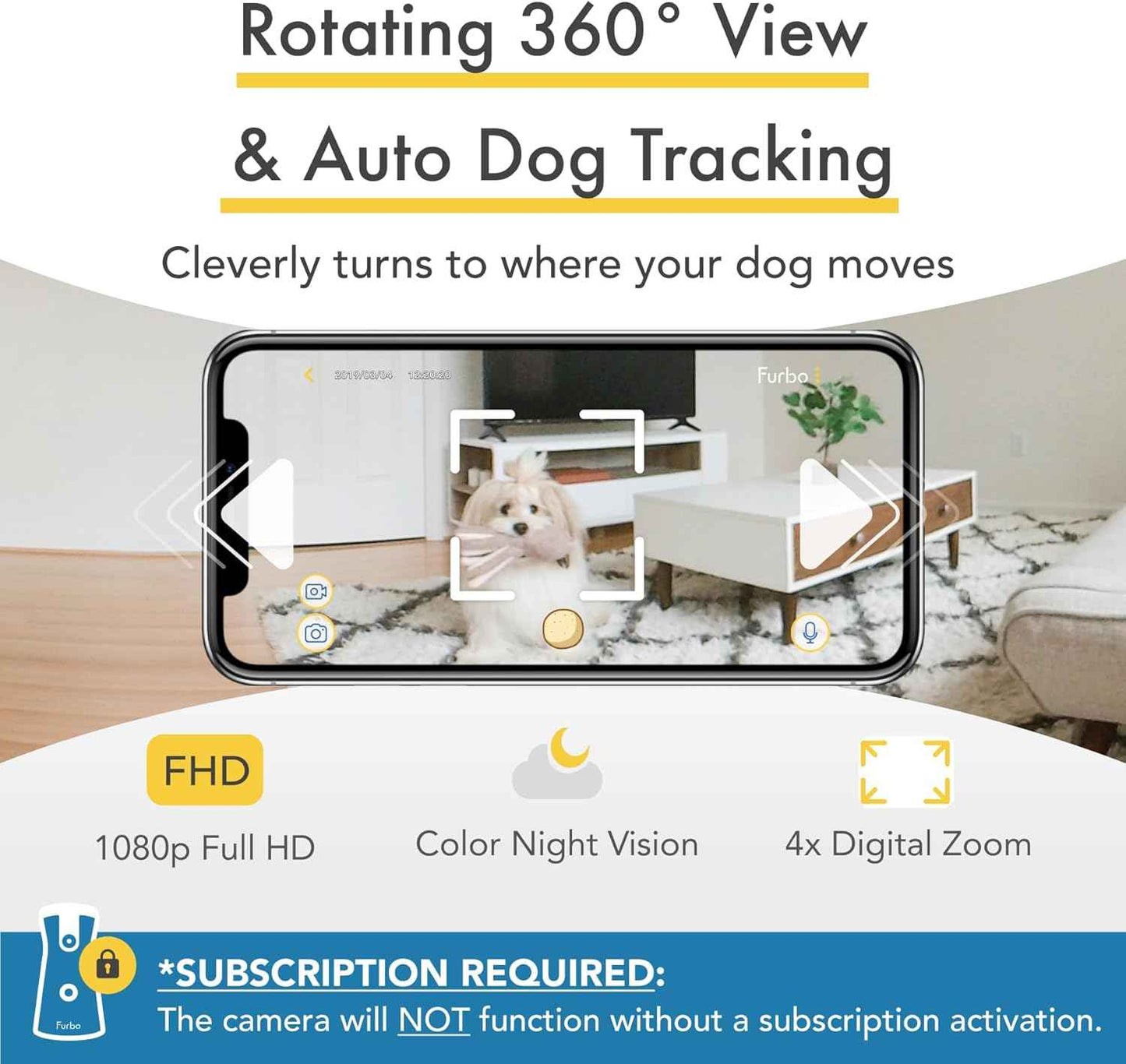 Furbo 360° Dog Camera [Subscription Required] Unlock w/Paid Plan: Home Security & Dog Safety Alerts, Rotating Pet Treat Toss, 2-Way Speaker (Low Risk, 3mo Min. Cancel Anytime)