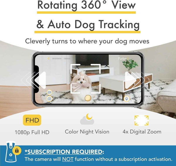 Furbo 360° Dog Camera [Subscription Required] Unlock w/Paid Plan: Home Security & Dog Safety Alerts, Rotating Pet Treat Toss, 2-Way Speaker (Low Risk, 3mo Min. Cancel Anytime)