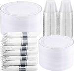 WELLIFE 700 Pieces Gold Plastic Dinnerware Set for 100 Guests - Includes Plates, Cups, Napkins, and Disposable Cutlery - Elegant White & Gold Design, Perfect for Parties and Events