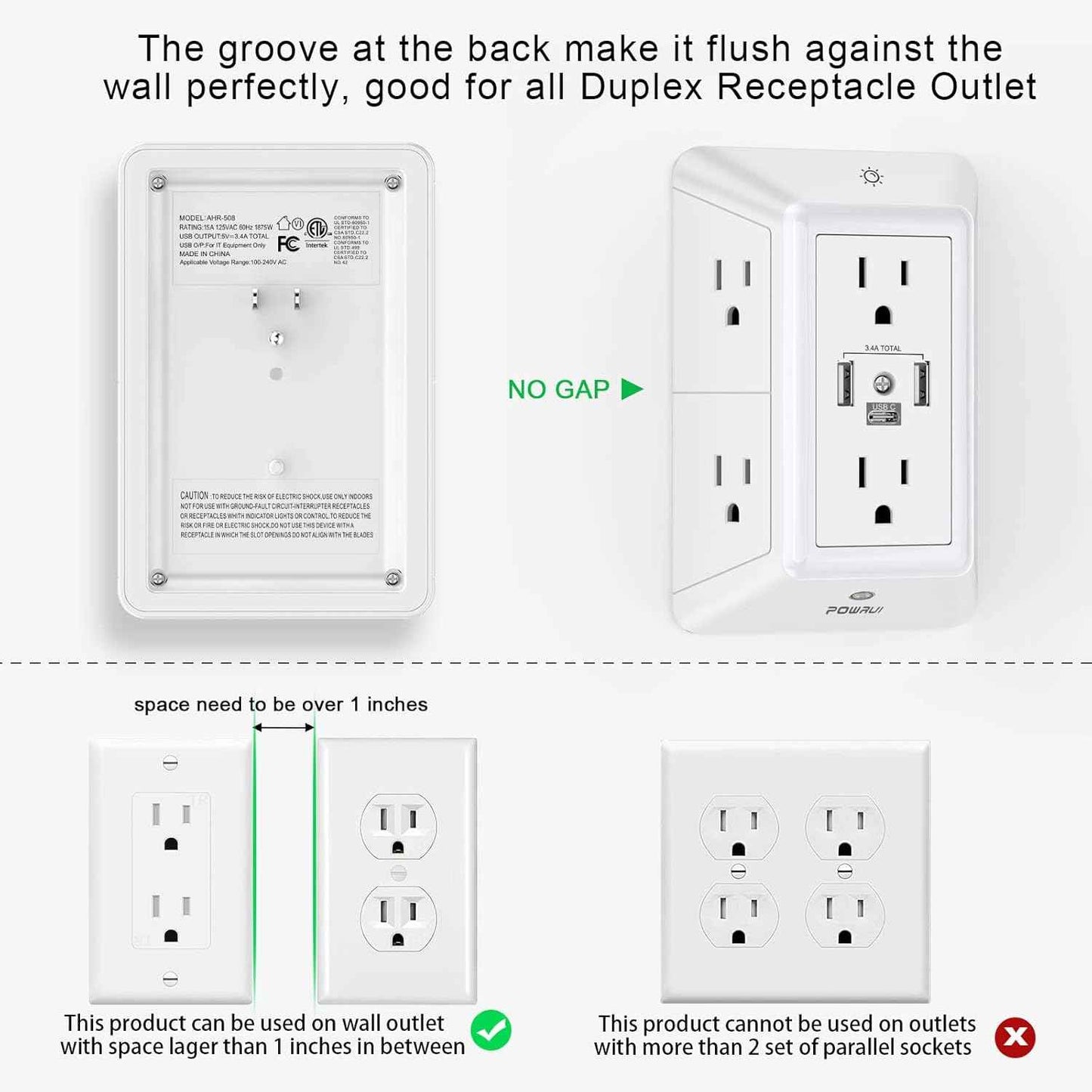 POWRUI Multi Plug 6 Outlet Surge Protector Extender with 3 USB Ports (1 USB C) and Night Light, 3-Sided Power Strip with Adapter Spaced Outlets, ETL Listed, White