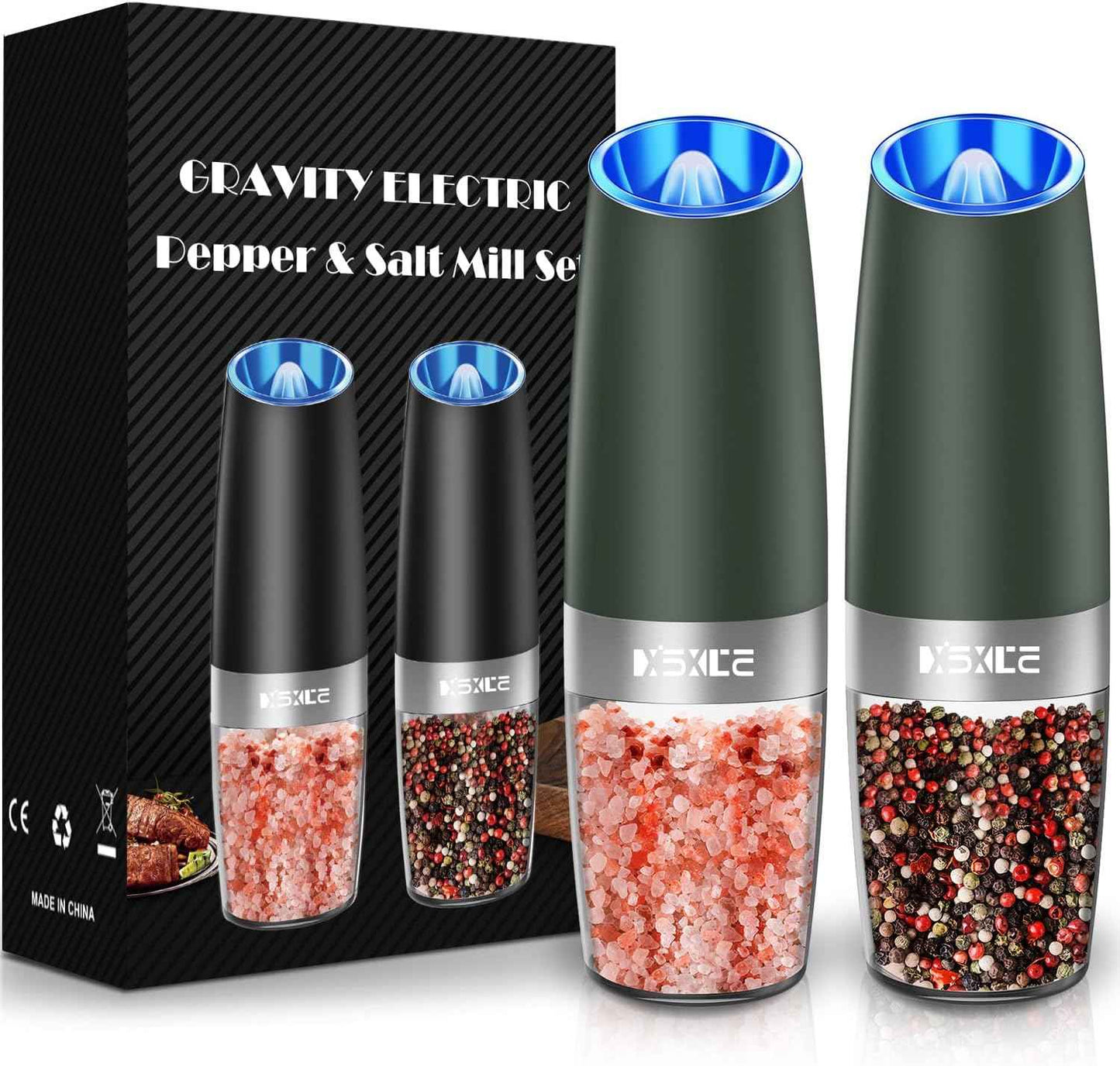 XinXu Gravity Electric Pepper and Salt Grinder Set, Adjustable Coarseness, Battery Powered with LED Light, One Hand Automatic Operation, Black -2 Pack