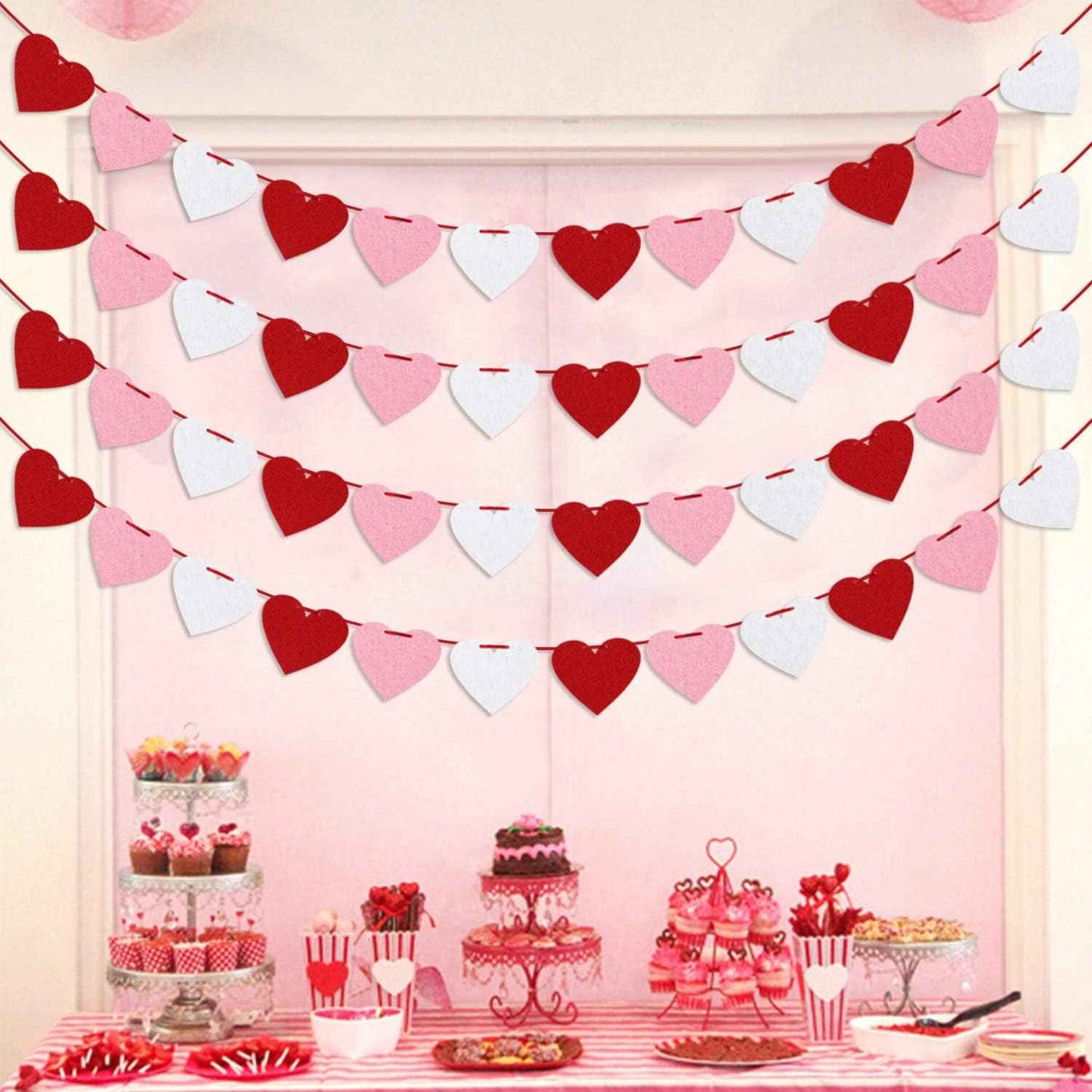 Felt Heart Garland Banner, Pre-Strung | Valentines Decorations | Red Pink White Valentines Banner | Anniversary Wedding Birthday Party Decorations | Outdoor Home Hanging Valentine's Day Decor
