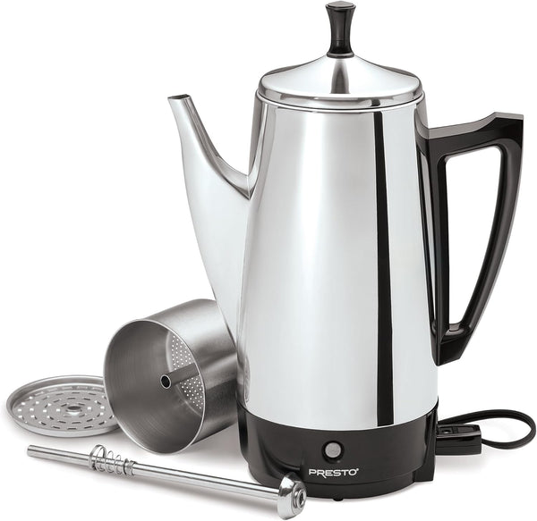 Presto 02811 Stainless Steel Electric Coffee Percolator for 12-Cups with Easy-Pour Spout and Stay-Cool Handle
