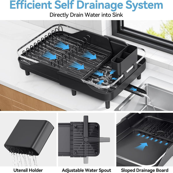 Expandable stainless steel dish rack for kitchen counter with adjustable water spout