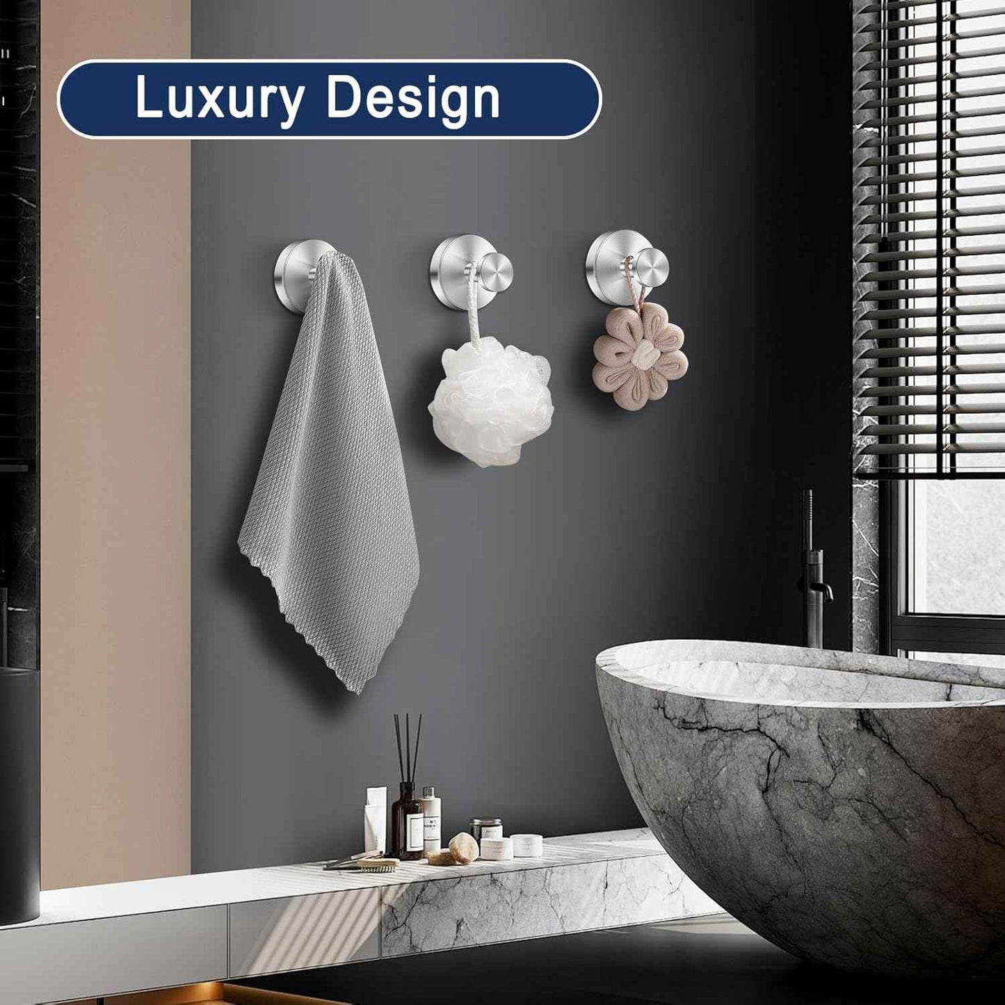 Silver Suction Cup Hooks for Shower Waterproof - Set of 4, No Drill Stainless Steel Towel Hooks for Bathroom Wall, Kitchen, Glass, Mirror, Tile - Ideal for Hanging Towels, Robes, and Loofahs