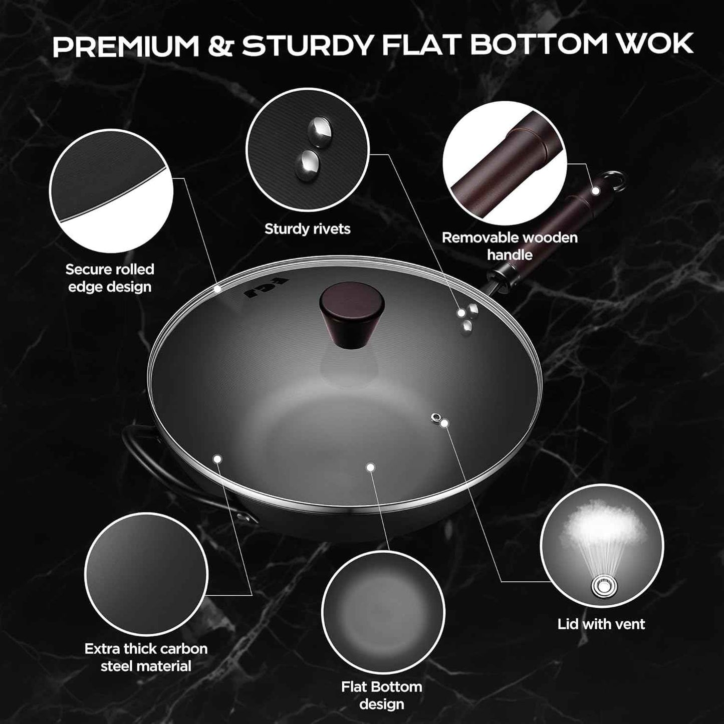 Wok, 13 Inch carbon steel woks & stir-fry pans nonstick, Pre-Seasoned 5.8QT Flat Bottom Chinese Wok Paella Pan with lid, Carbon Steel Cookware, Compatible with All Cooktops