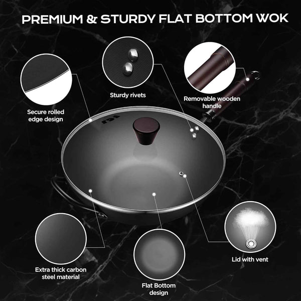Wok, 13 Inch carbon steel woks & stir-fry pans nonstick, Pre-Seasoned 5.8QT Flat Bottom Chinese Wok Paella Pan with lid, Carbon Steel Cookware, Compatible with All Cooktops