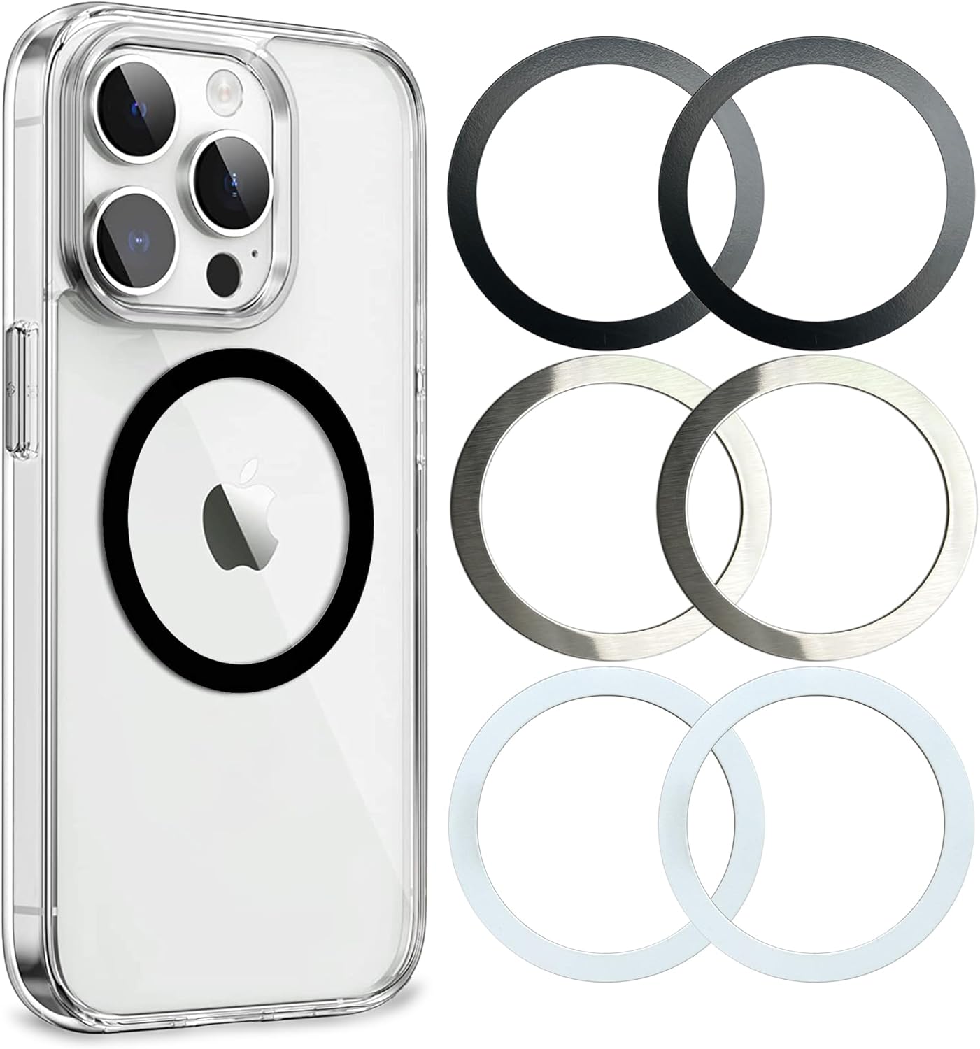 Universal Metal Rings Compatible with Magsafe Sticker,Magnetic Ring for Phone Cases & Wireless Charging, 6 Pack (2 Black,2 White & 2 Silver)