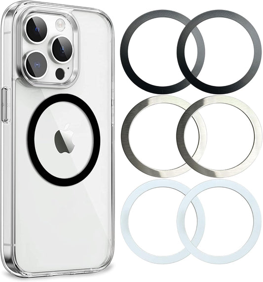 Universal Metal Rings Compatible with Magsafe Sticker,Magnetic Ring for Phone Cases & Wireless Charging, 6 Pack (2 Black,2 White & 2 Silver)