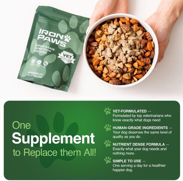 Iron Paws human-grade superfood powder for dogs dental health longevity hip joint gut allergies immune support skin coat 3.5 oz