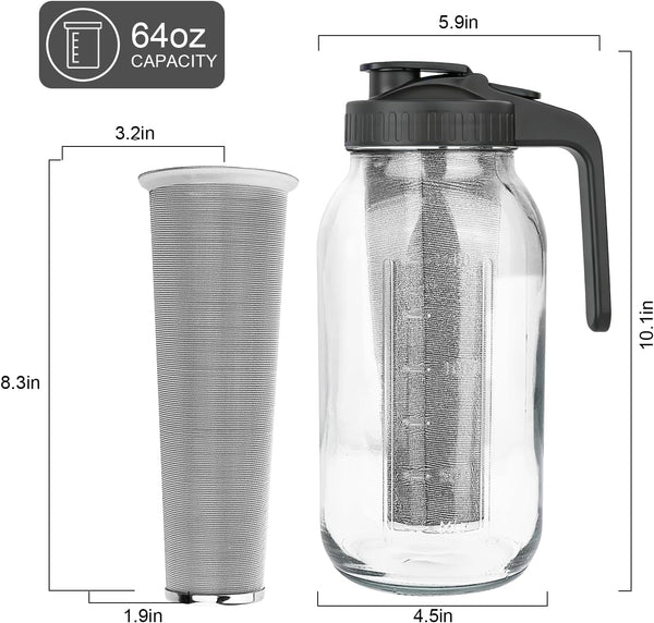 64 oz Mason Jar Pitcher with Stainless Steel Filter for Iced Coffee and Tea