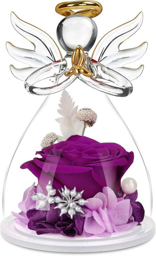 Valentines Day Rose Gifts for Her,Fresh Flowers for Delivery,Birthday Gifts for Women Mom,Preserved Flowers in Glass Angel Figurine,Angel Mothers Day Rose Gift for Mom Grandma,Purple Gift Valentines