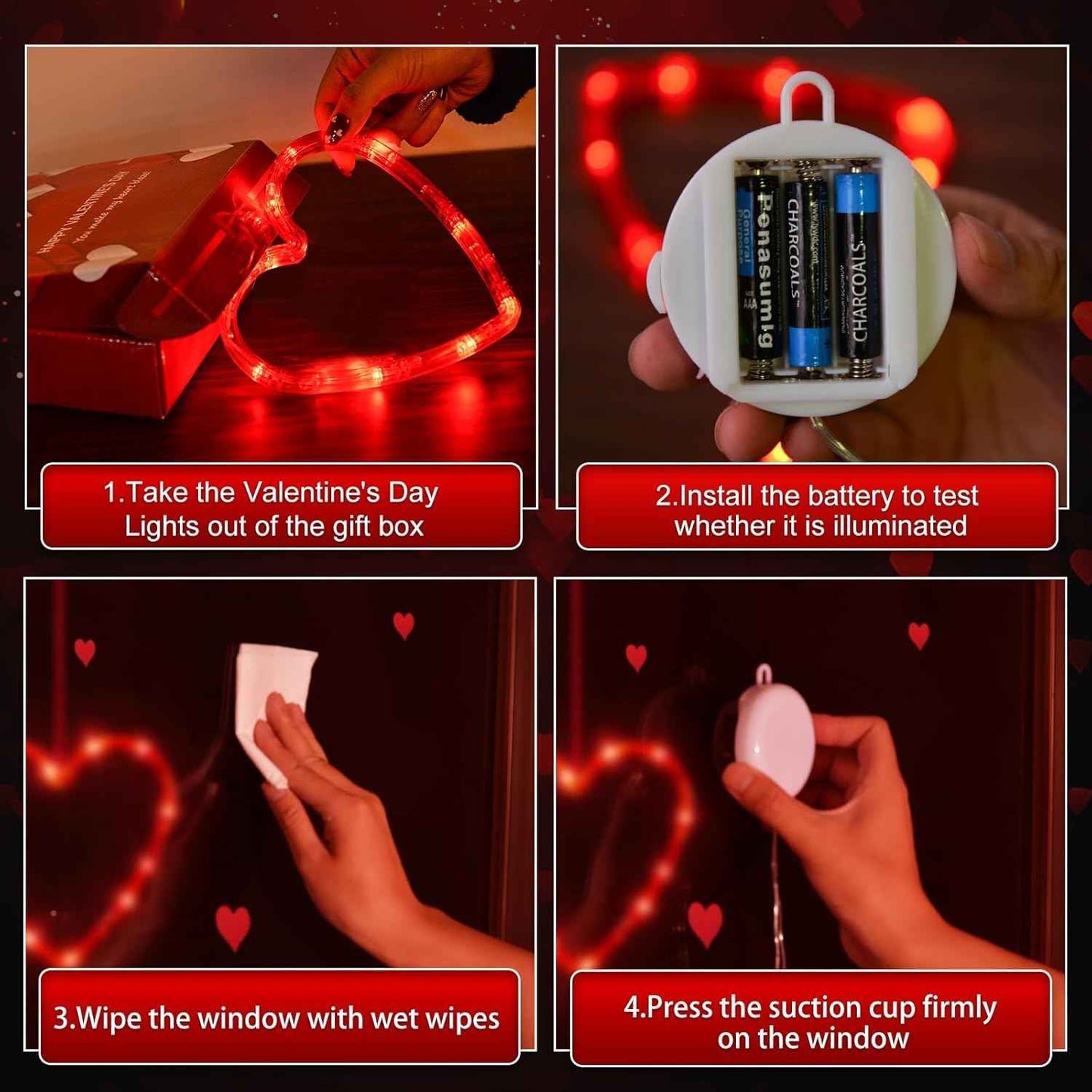 3 Pack Valentines Day Window Lights Decorations with Timer, Battery Powered Hanging Red Lighted Heart Shaped Silhouette Sucker LED Lamp for Fireplace Indoor Home Decor