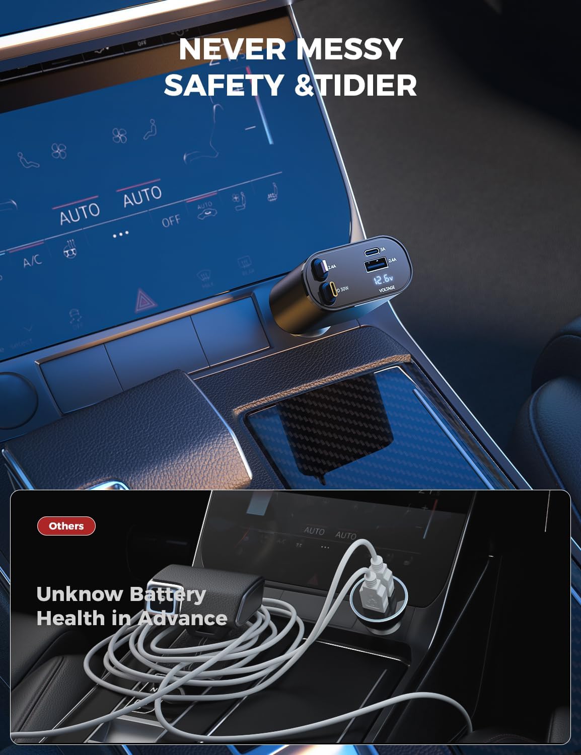 【Upgraded】 SUPERONE Retractable Car Charger 4 in 1, Fast Car Phone Charger with Cord 2.6ft, USB C and Apple Car Adapter, Compatible with iPhone 17 16 15/15 Pro Max/14/13/12/11, Galaxy, Pixel - Rayz Mart