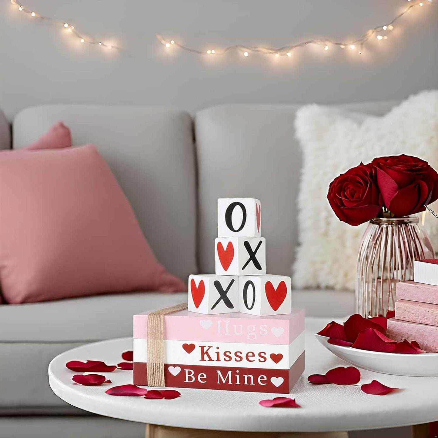 Valentines Day Decor, Wooden Book Stack with 4 XOXO Signs - Valentines Day Decorations for The Home, Tiered Tray, Coffee Table, Fireplace Mantel, Shelf