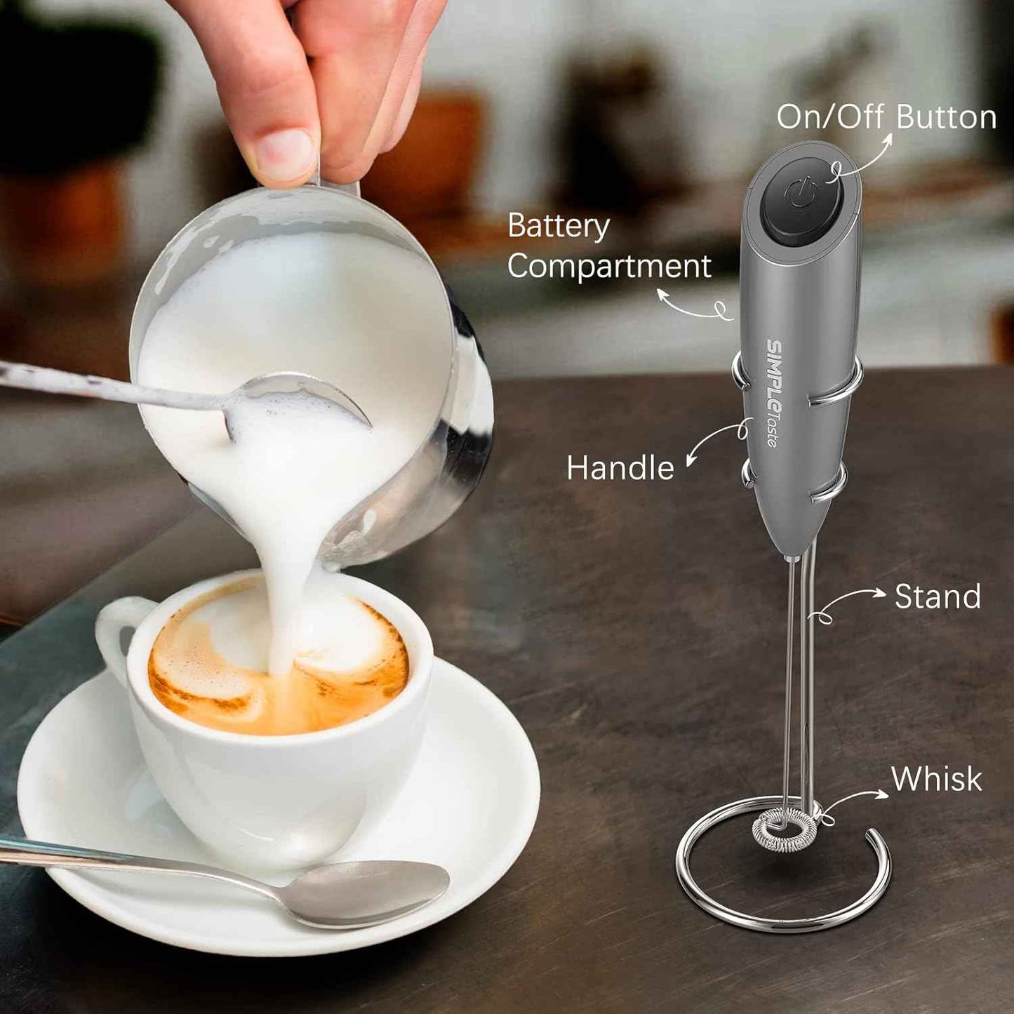 SIMPLETaste Battery-Operated Electric Milk Frother, Drink Mixer with Stainless Steel Whisk and Stand for Cappuccino, Bulletproof Coffee, Latte