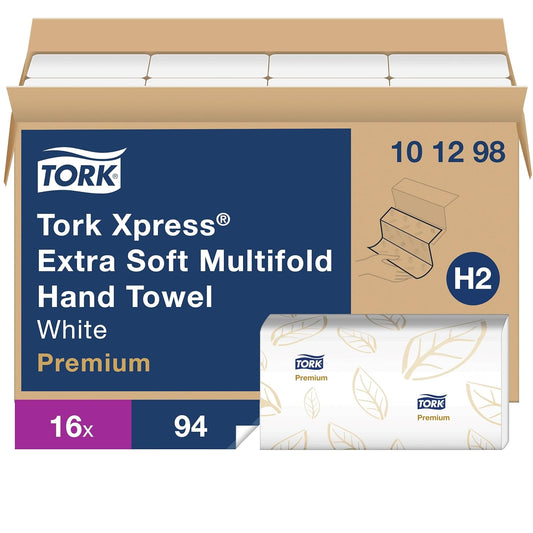 Tork Extra Soft Multifold Hand Towels White with Blue Leaf Print, H2 Dispenser Compatible 16 Packs x 94 Towels (101298)