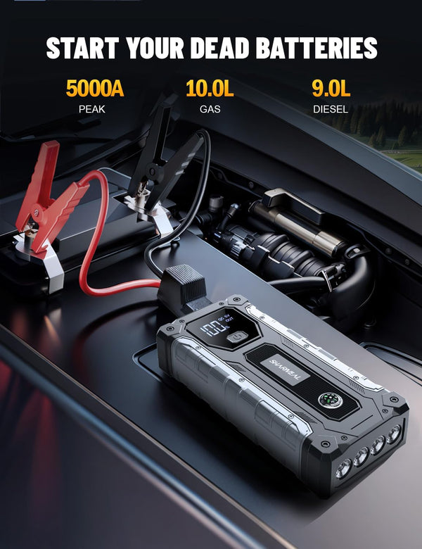 sharmeal 3000a portable jump starter for 9.0l gas and 7.0l diesel vehicles with led light