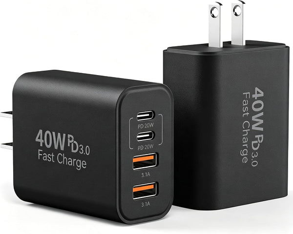 USB C Charger Block, 40W 4 Ports Type C Fast Phone Charging Blocks Cube PD USBC Wall Plug+QC 3.0 USB A Charger Brick Box Power for iPhone 17/16/15/14/13/12 Pro Max, iPad, Samsung Galaxy, Pixel, 2Pack
