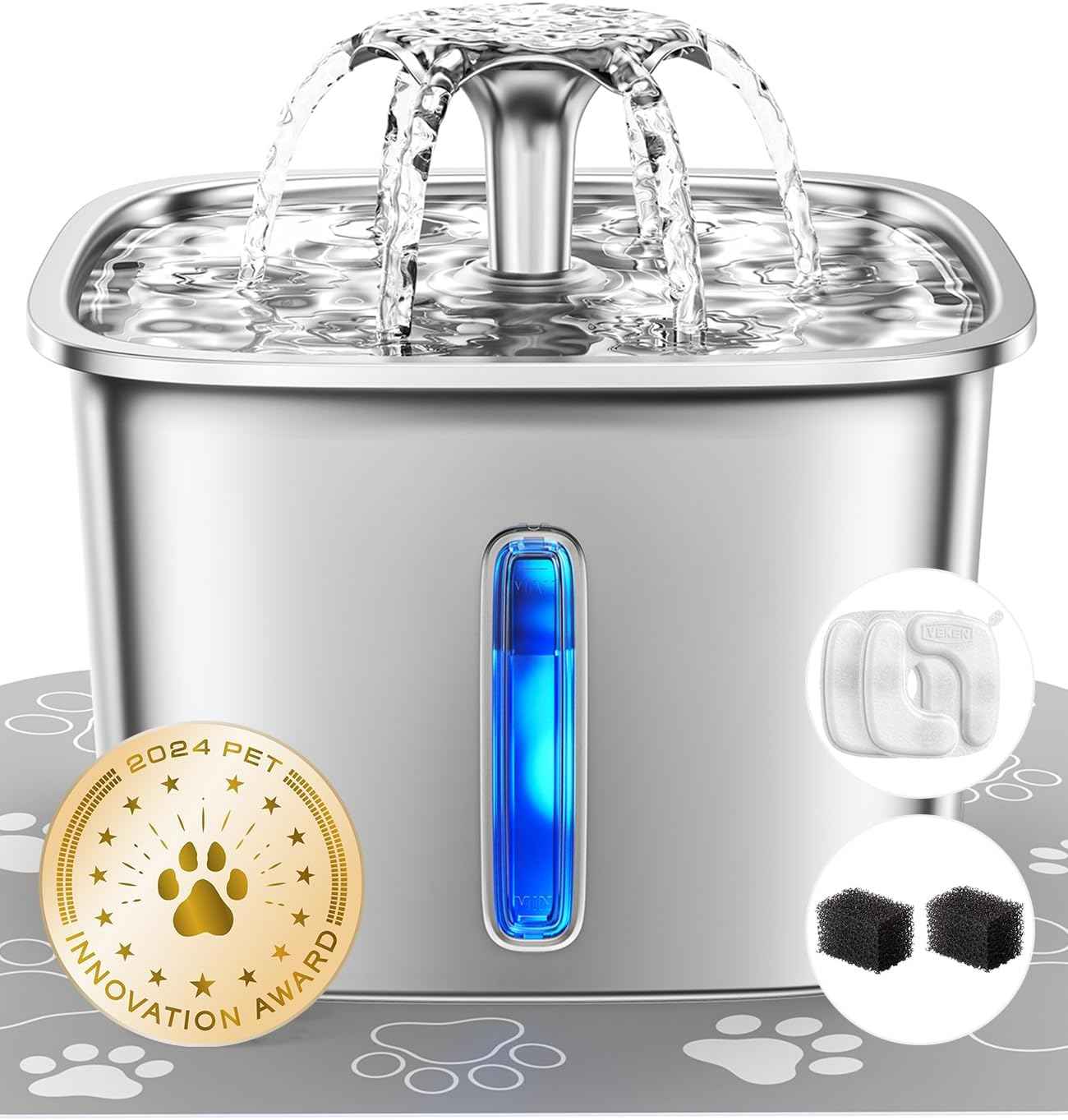 Veken Innovation Award Winner Stainless Steel Cat Water Fountain, 95oz/2.8L Automatic Pet Fountain Dog Water Dispenser with Replacement Filters & Silicone Mat for Cats, Dogs, Multiple Pets (Silver)