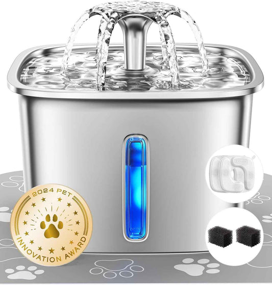 Veken Innovation Award Winner Stainless Steel Cat Water Fountain, 95oz/2.8L Automatic Pet Fountain Dog Water Dispenser with Replacement Filters & Silicone Mat for Cats, Dogs, Multiple Pets (Silver)