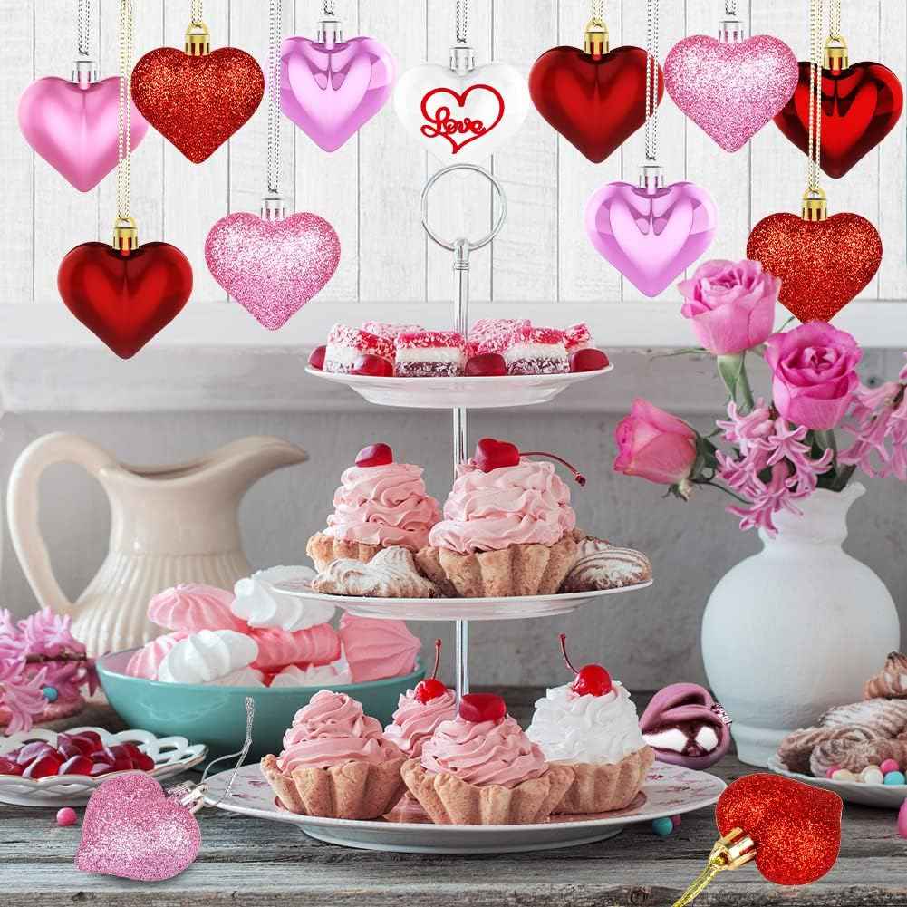 Valentine's Day Decor Heart Ornaments 36 Pcs Heart Shaped Baubles Red Pink White Hanging Decorations for Valentine's Day Christmas Wedding Anniversary