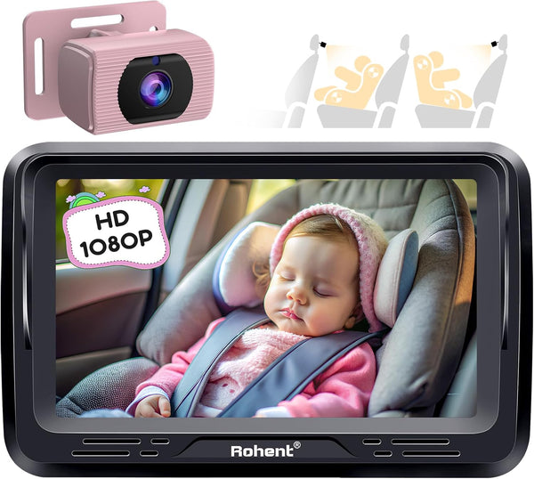 Rohent HD 1080P rear-facing baby car camera with 150° wide-angle lens, night vision, and adjustable display