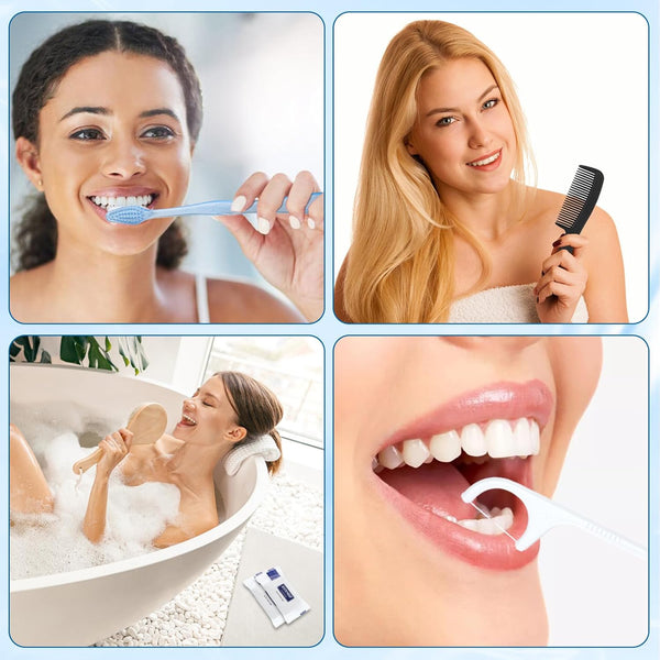 hqsl 10-set personal hygiene kit, disposable toothbrushes with toothpaste floss comb soap and cover for travel, homeless, women, men