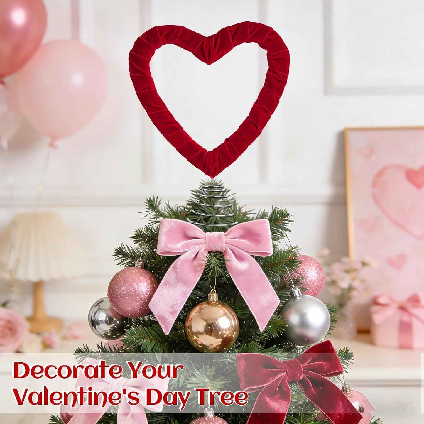 Valentine's Day Heart Tree Topper with 2 Rolls Velvet Ribbon, Velvet Tree Topper Decorations Red Pink Ribbon Ornaments for Valentine's Day Wedding Holiday Party Supplies Gifts Home Decor