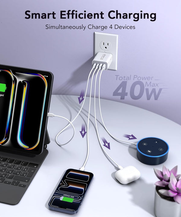 40W USB C Charger Block, 4-Port Fast Charging Brick for iPhone and Samsung Devices