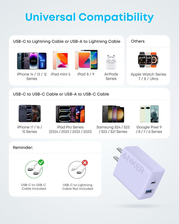 Anker iPhone Charger, 2-Pack 20W Fast USB C Charger Block, Type C Charger Fast Charging for iPhone 17/17 Pro Max/16 Series/iPad Pro and More (Purple, 2 Pack & 2 Cable)