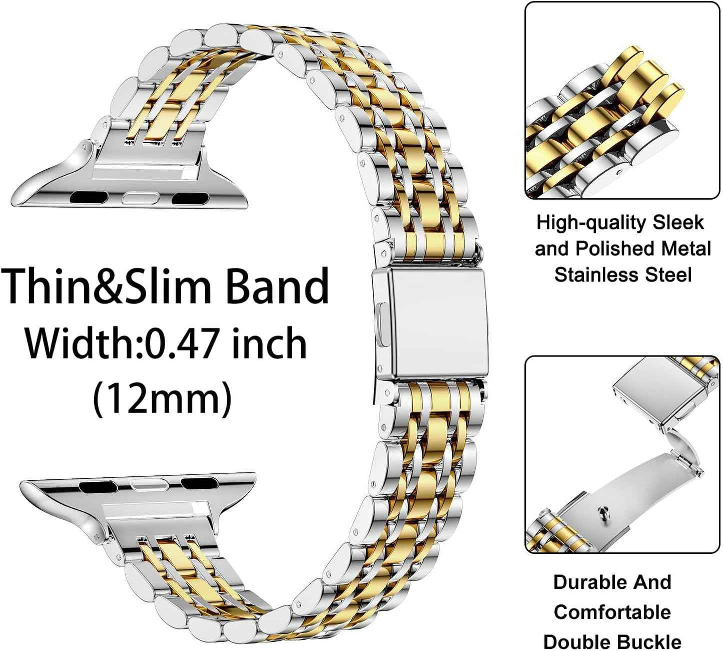 MioHHR Slim Metal Band Compatible with Apple Watch Band 42mm(Series 11 10) 41mm(Series 9 8 7) 40mm(Series 6 5 4 SE3/2/1) 38mm(Series 3 2 1),Stainless Steel iWatch Bands for Women,Silver/Gold