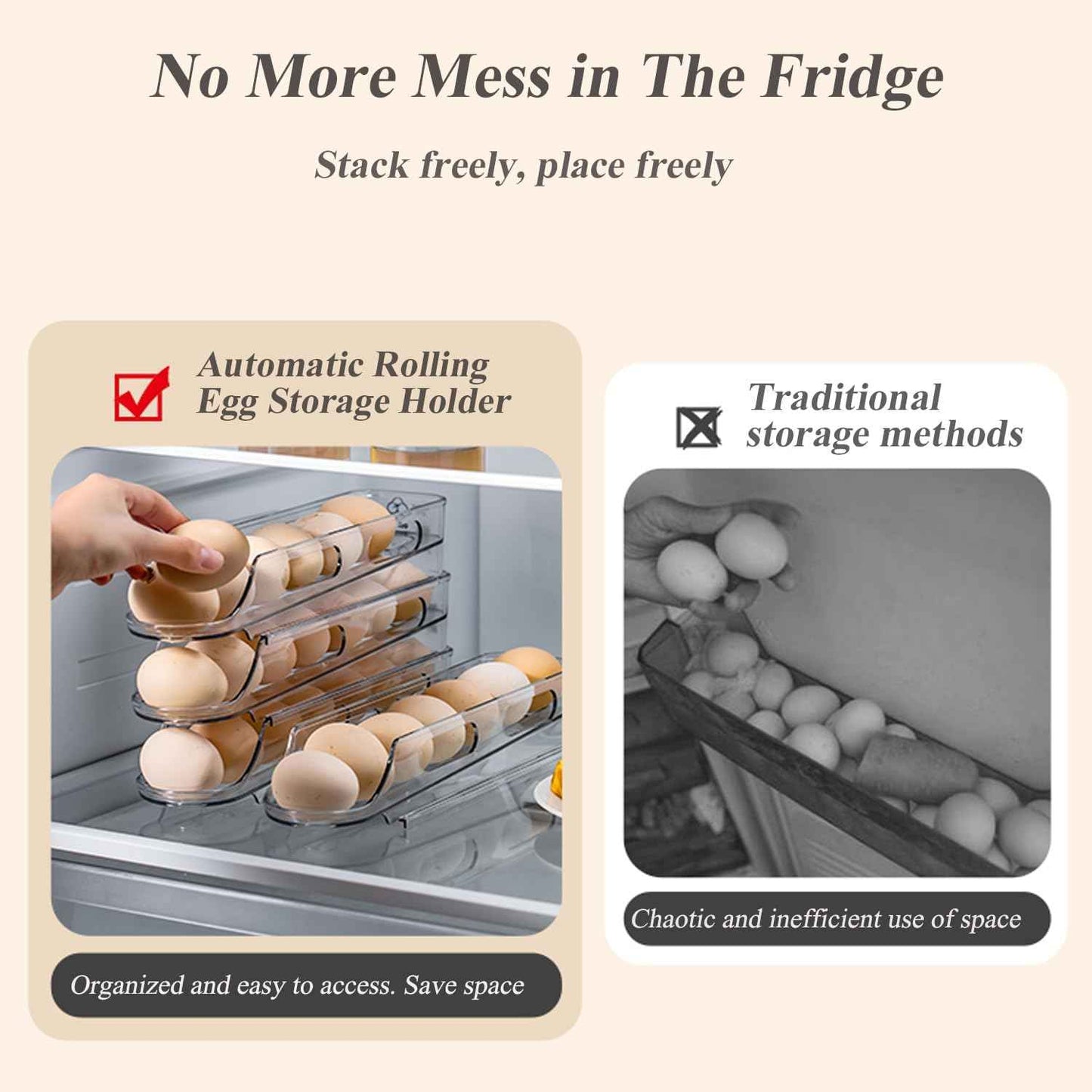Automatic Rolling Egg Holder for Fridge Clear Countertop Kitchen Storager Container Organizer Dispenser for Refrigerator Stackable Removable, Egg Accessories - (2 pcs of 1-Tire, Stackable)